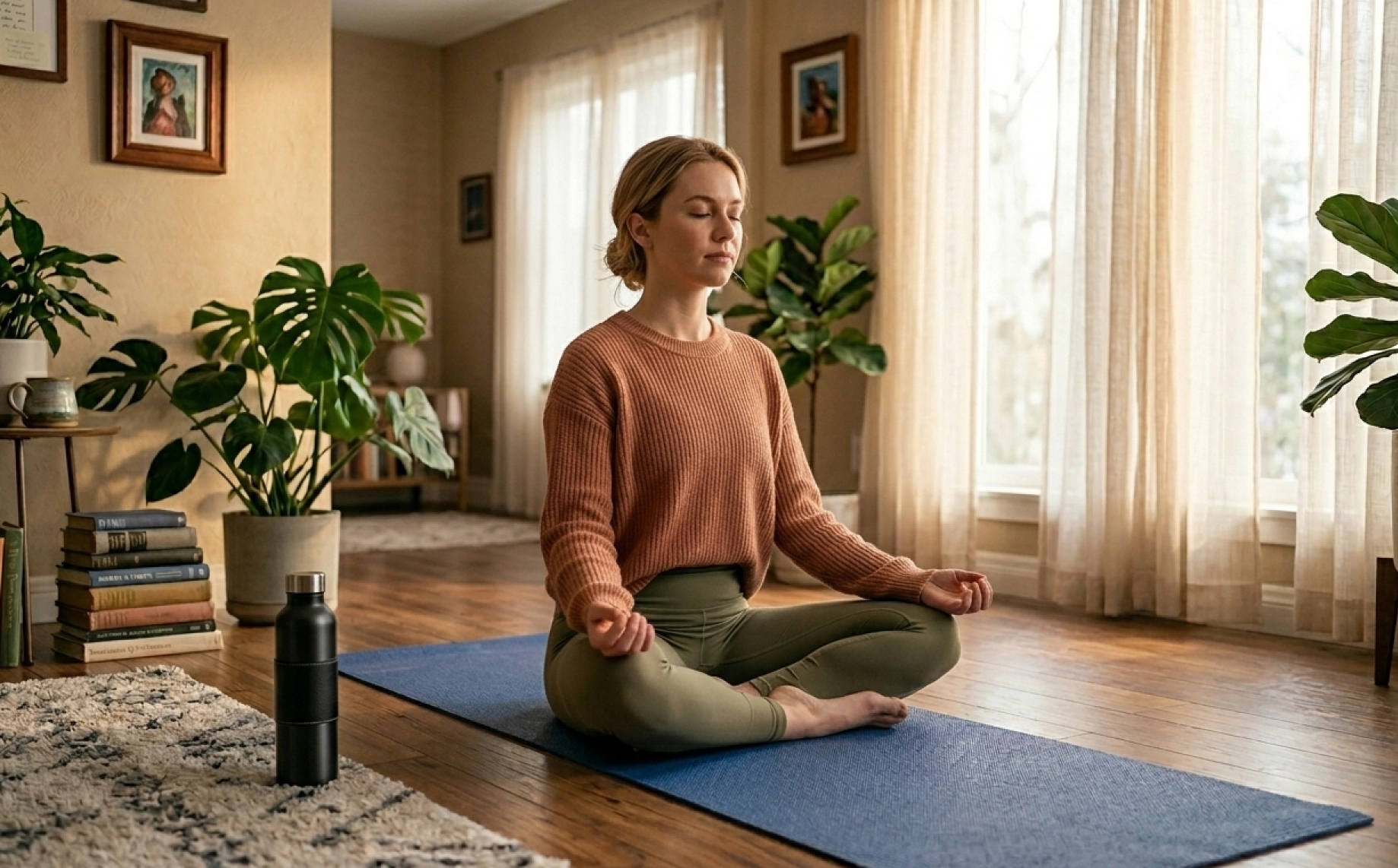 Mujer meditando en su hogar